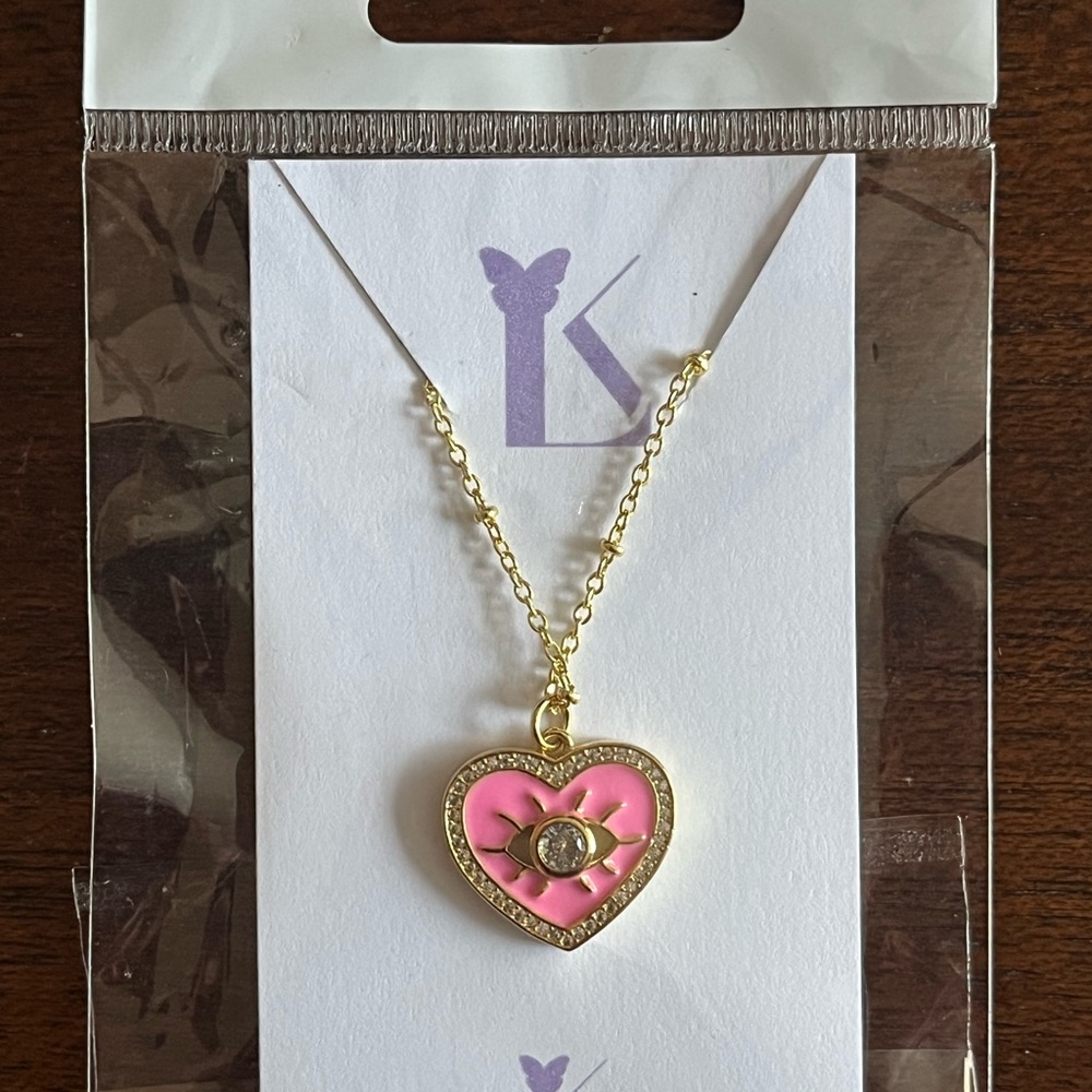 Lauren Kenzie 14K Gold Plated Necklace Pink Enamel Heart Evil Eye Crystal NEW